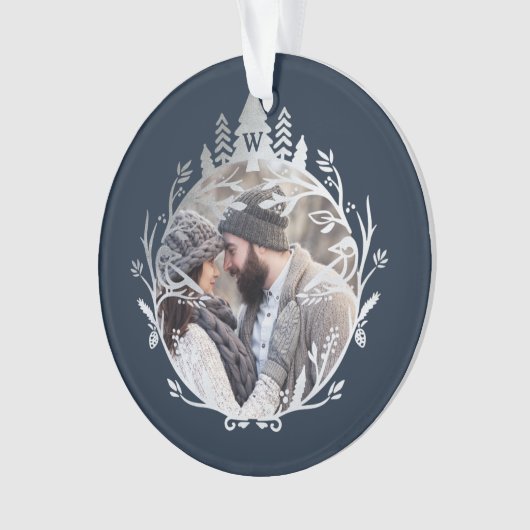 モダンな休日の銀の鳥の枝リースの写真 オーナメント (正面)