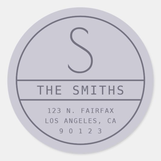 モダンな住所&イニシャル | ぼんやりとした紫とラベンダー ラウンドシール (正面)