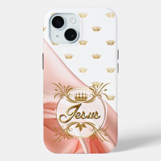 モダンな信仰 ピンクサテン ゴールドクラウン イエス様 デザイン Case-Mate iPhoneケース (裏面)