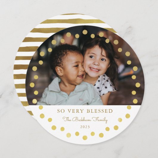 モダンな偽の箔加工ゴールドドットの写真オーナメント 白 シーズンカード (正面/裏面)