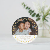 モダンな偽の箔加工 ゴールドドットの写真オーナメント 白 シーズンカード (スタンド正面)