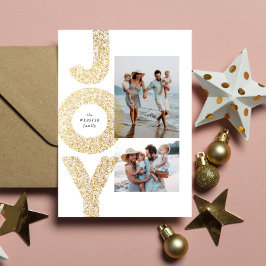 モダンな偽金ラメのクリスマスデザインに2枚の写真を飾るJoy シーズンカード