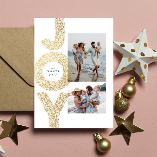 モダンな偽金ラメのクリスマスデザインに2枚の写真を飾るJoy シーズンカード