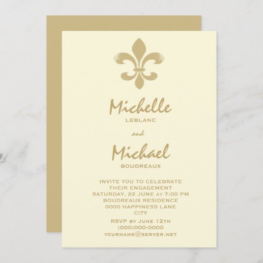 モダンな優雅の金ゴールドの(紋章の)フラ・ダ・リの婚約 招待状 (正面/裏面)