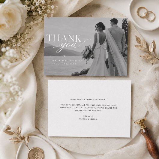 モダンな全面写真横長結婚式サンクスカード サンキューカード