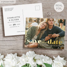 モダンな写真とゴールドの箔押しがおしゃれな結婚式のセーブザデートポストカード