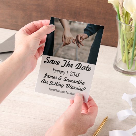 モダンな写真とテキストのSave The Date ベラム紙招待状 (ポータブル)