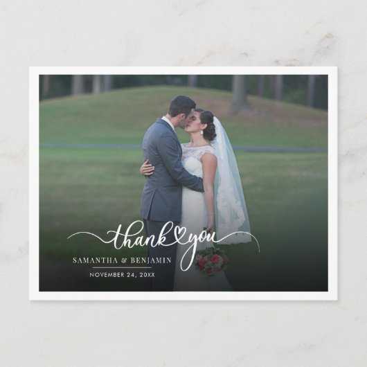 モダンな写真と手書きのウェディングお礼カード ポストカード (正面)