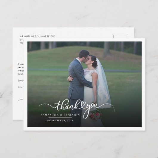 モダンな写真と手書きのウェディングサンクスカード ポストカード (正面/裏面)