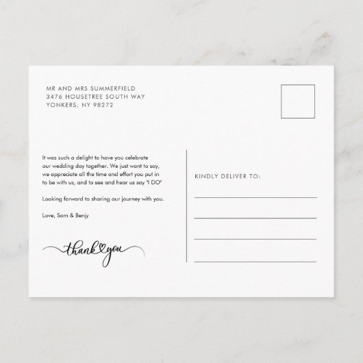 モダンな写真と手書きのウェディングサンクスカード ポストカード (裏面)