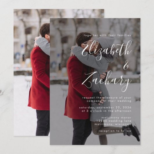 モダンな写真と白い文字の結婚式 招待状 (正面/裏面)