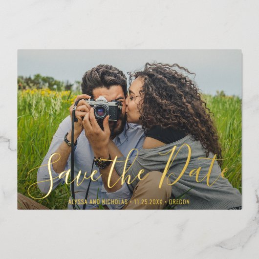 モダンな写真のエレガントな結婚式Save The Date 箔招待状 (正面)