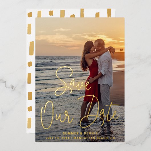 モダンな写真のエレガントな結婚式Save The Date 箔招待状 (正面/裏面)