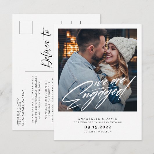 モダンな写真のエンゲージメント発表ポストカード 案内ポストカード (正面/裏面)