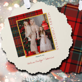 モダンな写真のオーナメントのクリスマスカード　エレガントなチェック柄 オーナメントカード