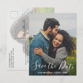 モダンな写真の結婚式の事前告知 はがき エレガント スクリプト 案内ポストカード