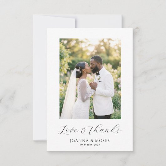 モダンな写真の結婚式 シンプルスクリプト サンキューカード (正面)