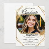 モダンな写真の誕生日と卒業の輝くフレーム 招待状 (正面/裏面)