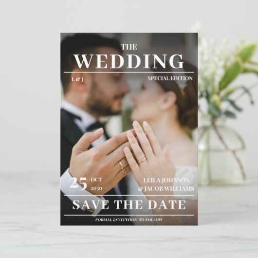 モダンな写真の雑誌の表紙の結婚式招待状 招待状 (スタンド正面)