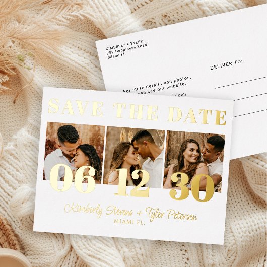 モダンな写真を使ったおしゃれな結婚式の事前告知 ゴールド 箔招待状ポストカード