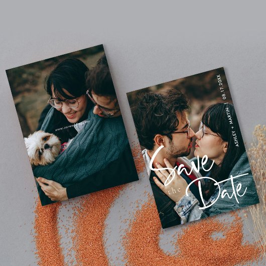 モダンな写真を使用したSave the Dateカード  ミニマルなスクリプト セーブザデート