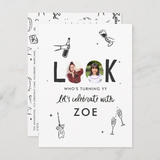 モダンな写真コラージュで楽しむ手描き誕生日 ポストカード (正面/裏面)