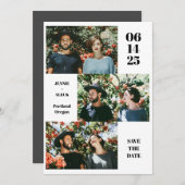 モダンな写真コラージュレイアウトが楽しい、白を基調としたシックなウェディング セーブザデート (正面/裏面)