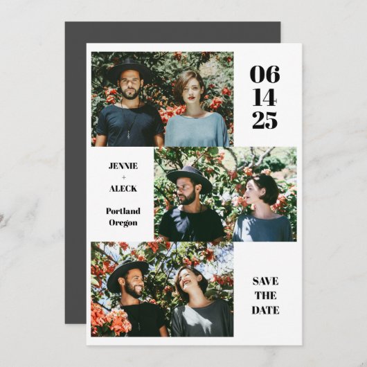 モダンな写真コラージュレイアウトが楽しい、白を基調としたシックなウェディング セーブザデート (正面/裏面)