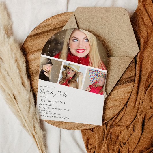 モダンな写真ストリップコラージュ アーチ型の誕生日パーティー 招待状