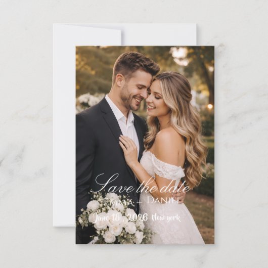 モダンな写真付き結婚式延期案内フラットカード セーブザデート (正面)