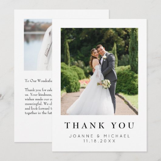 モダンな写真付き結婚式御礼カード（名入れカスタマイズ可能） サンキューカード (正面/裏面)
