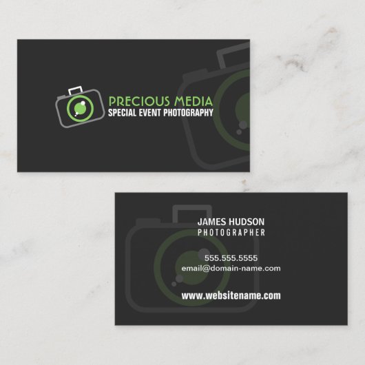 モダンな写真撮影の緑の白い灰色 名刺 (正面/裏面)