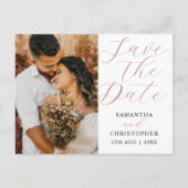モダンな写真 ローズゴールドの結婚式日程事前通知 案内ポストカード (正面)