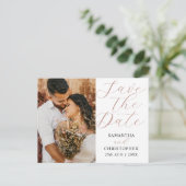 モダンな写真 ローズゴールドの結婚式日程事前通知 案内ポストカード (スタンド正面)