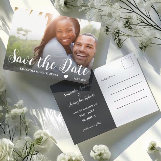 モダンな写真 黒と白の結婚式のSave the Date ポストカード
