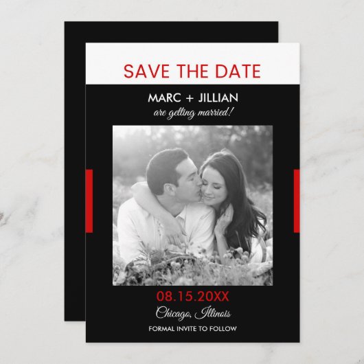 モダンな写真 黒と赤の結婚式 Save the Date 招待状 (正面/裏面)