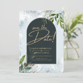 モダンな冬のグリーンウェディング ゴールド セーブザデート 招待状 (スタンド正面)