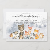 モダンな冬のワンダーランド　ウッドランド・フォレストの誕生日 招待状 (正面)
