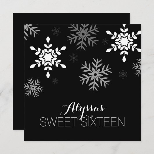 モダンな冬の不思議の国の黒の雪片の菓子16 招待状 (正面/裏面)