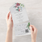 モダンな冬の松の実と雪のグレーのQRコード オールインワン招待状 (貼ってはがせる)