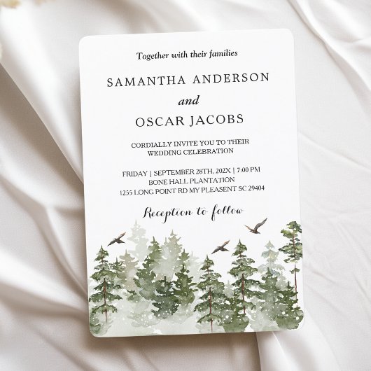 モダンな冬の水彩画 緑の森に雪 招待状