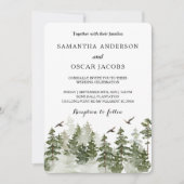 モダンな冬の水彩緑の森に雪 招待状 (正面)