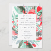 モダンな冬の赤と緑の花の水彩ウェディング 招待状 (正面)