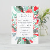 モダンな冬の赤と緑の花の水彩ウェディング 招待状 (スタンド正面)