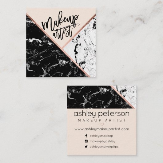 モダンな化粧のタイポグラフィばら色の大理石色のブロック スクエア名刺 (正面/裏面)
