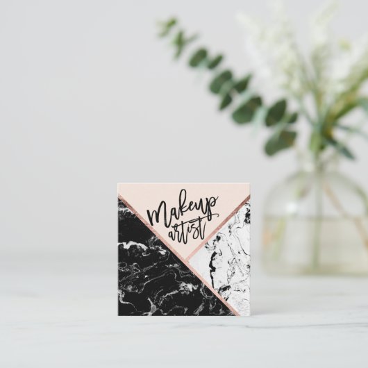 モダンな化粧のタイポグラフィばら色の大理石色のブロック スクエア名刺 (スタンド正面)