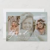 モダンな卒業スクリプトグリーンのオーバーレイがかった3枚の写真 招待状 (正面)