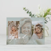 モダンな卒業スクリプトグリーンのオーバーレイがかった3枚の写真 招待状 (スタンド正面)