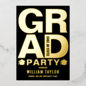 モダンな卒業パーティー写真 ブラック＆ゴールド 箔招待状 (正面)