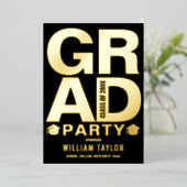 モダンな卒業パーティー写真 ブラック＆ゴールド 箔招待状 (立ち正面)